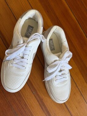 MIA White Leather Perforated Low-Top Sneakers with Tan Accent